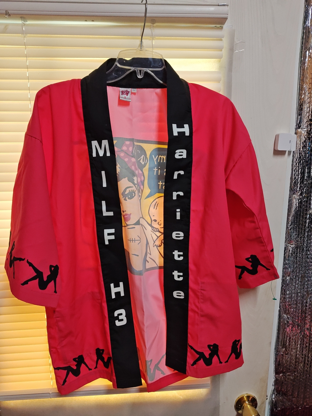 Rare Milf Hot Pink Satin Kimono Jacket with Black Trim and Graphic